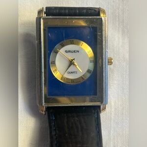 Gruen Rectangular Quartz Watch in Blue and Gold